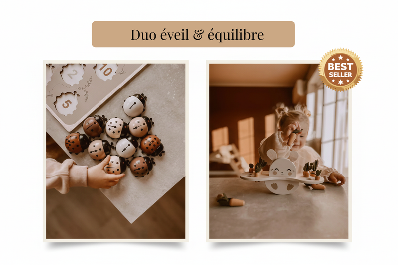 Duo Éveil & Équilibre - Puzzle Coccinelle + Bunny Balance | Jeux en Bois Éducatifs