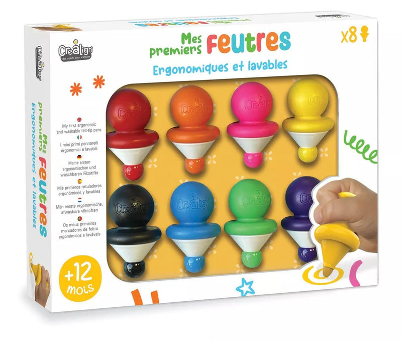 Coffret de huit feutres ergonomiques multicolores pour bébé, avec corps arrondi facile à saisir et pointes indéformables