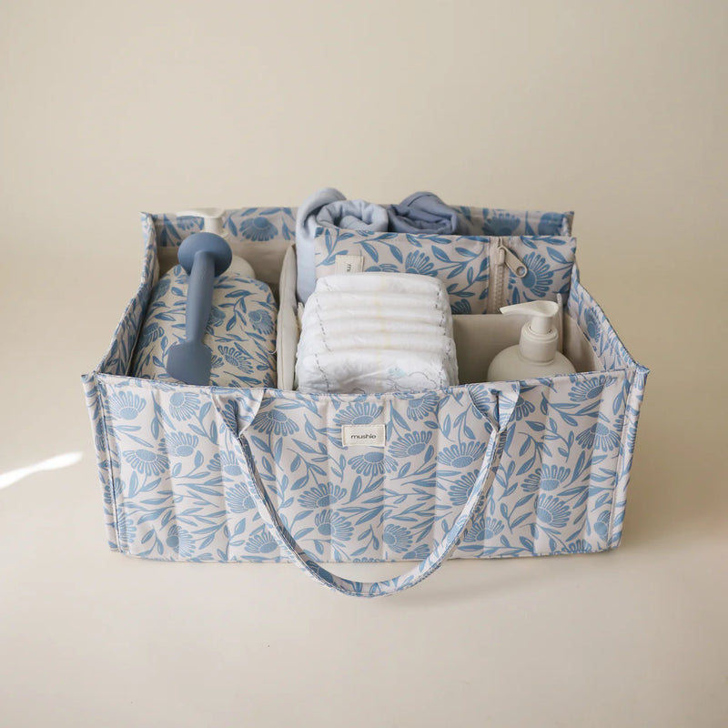 Panier de rangement couches & essentiels bébé | Fleurs bleues | Mushie